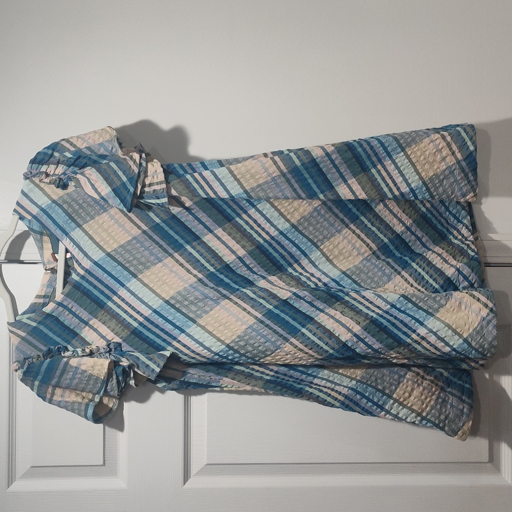 Free People Blue Plaid Ruffle Sleeve Dress In Size Medium